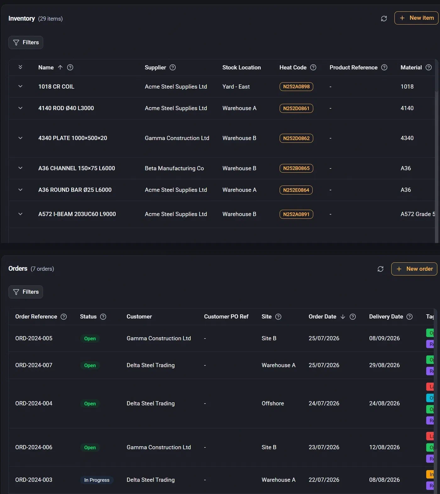 GoSmarter Cutting Plans inventory table and open orders table, showing the live stock and orders combined into a cutting plan
