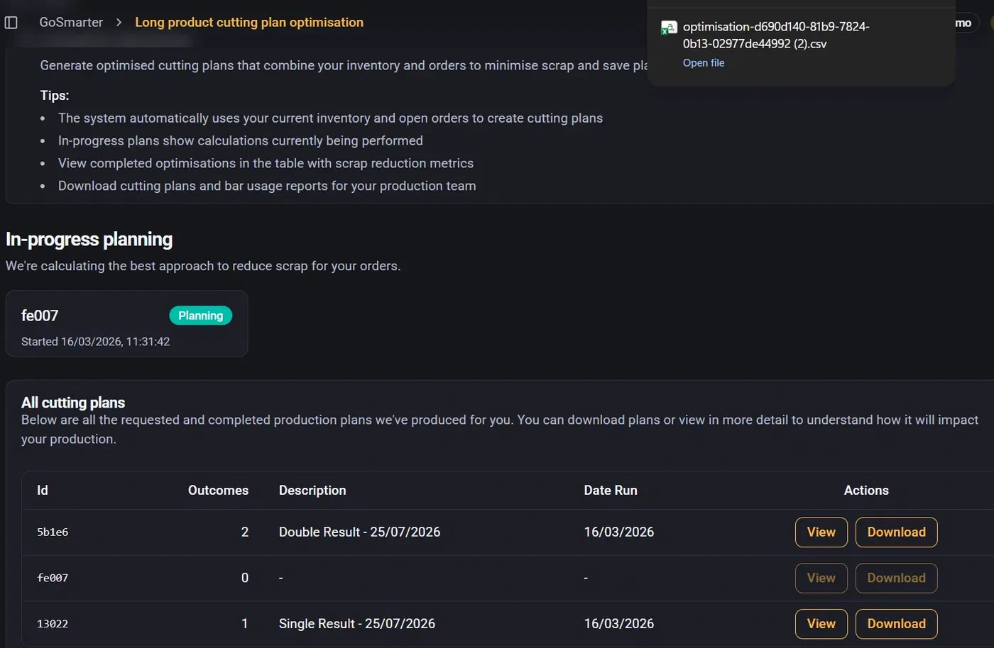 GoSmarter Cutting Plans dashboard showing in-progress planning and all cutting plans with scrap reduction outcomes
