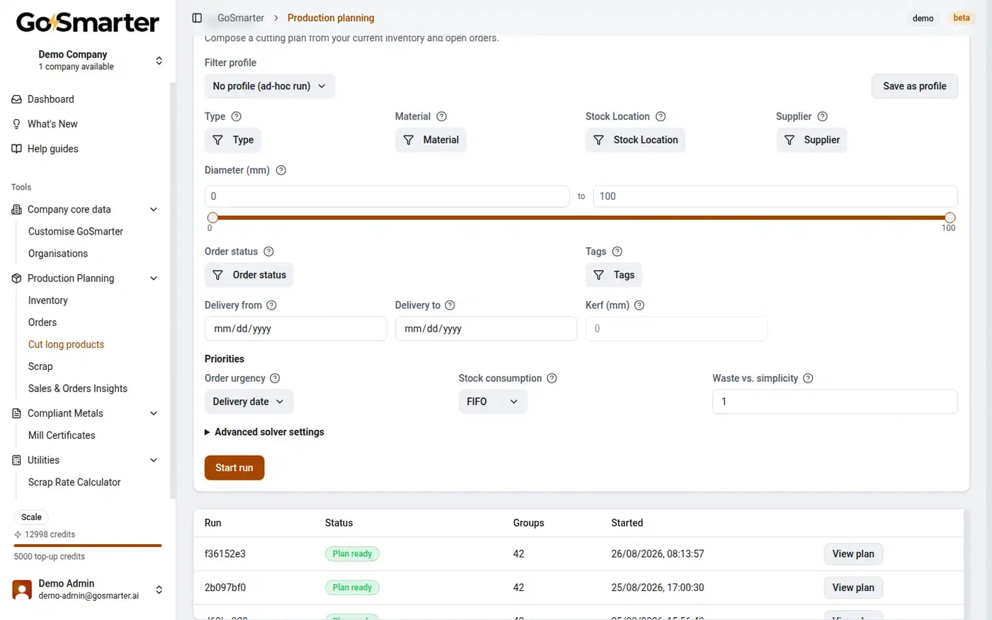 GoSmarter Cutting Plans run history showing completed runs with status and group counts