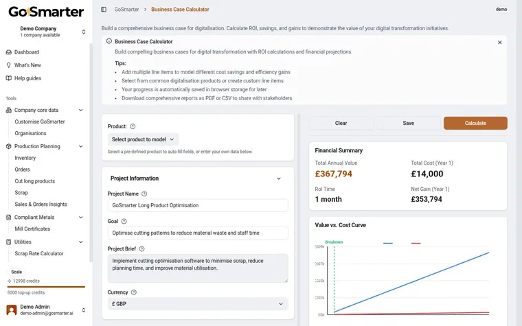 GoSmarter Business Case Calculator showing a £367,794 annual value estimate and a value-vs-cost breakeven chart