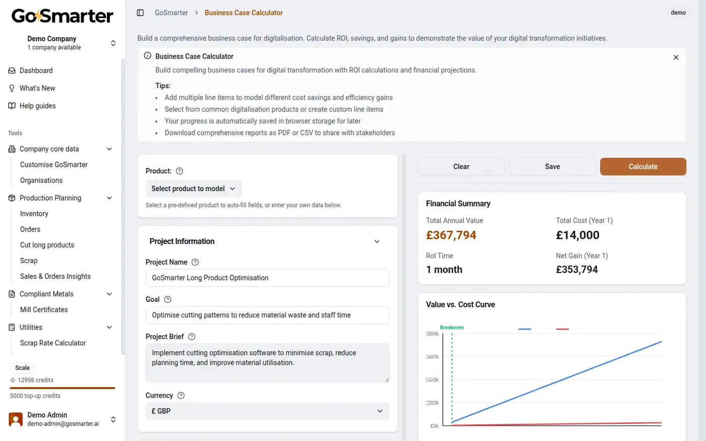 GoSmarter Business Case Calculator showing a ÂŁ367,794 annual value estimate and a value-vs-cost breakeven chart