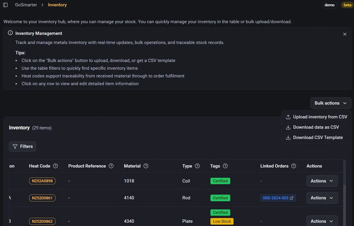 GoSmarter Metals Manager bulk actions menu showing upload inventory from CSV, download data as CSV, and download CSV template options