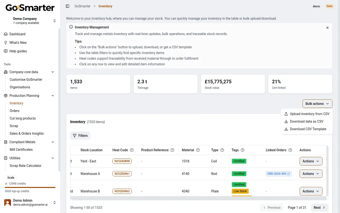 GoSmarter Metals Manager bulk actions menu showing upload inventory from CSV, download data as CSV, and download CSV template options