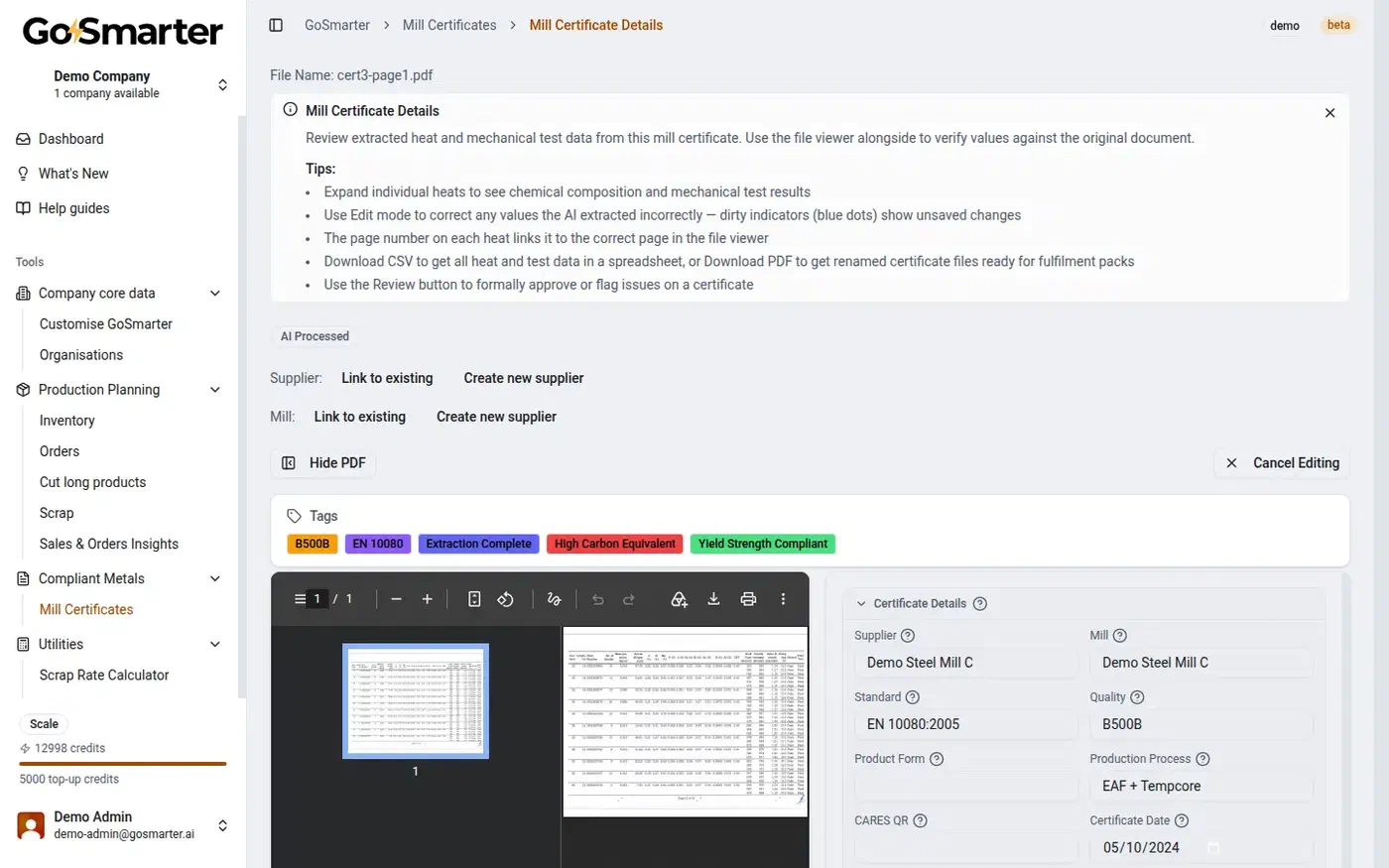 GoSmarter Metals Manager mill certificate details page showing extracted heat and mechanical test data alongside the certificate PDF