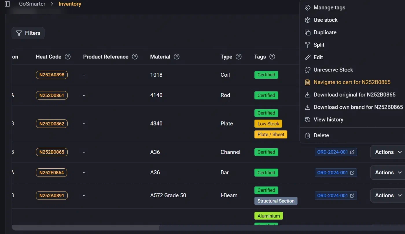 GoSmarter Metals Manager actions menu highlighting Navigate to cert for a stock item