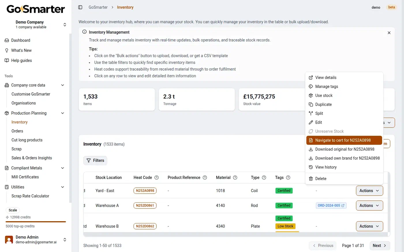 GoSmarter Metals Manager actions menu highlighting Navigate to cert for a stock item