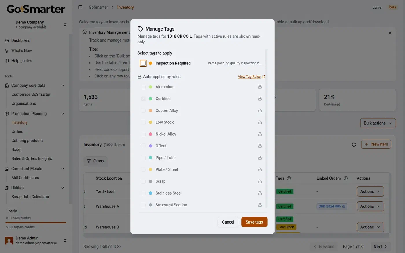 GoSmarter Metals Manager manage tags panel showing selectable tags and tags auto-applied by rule