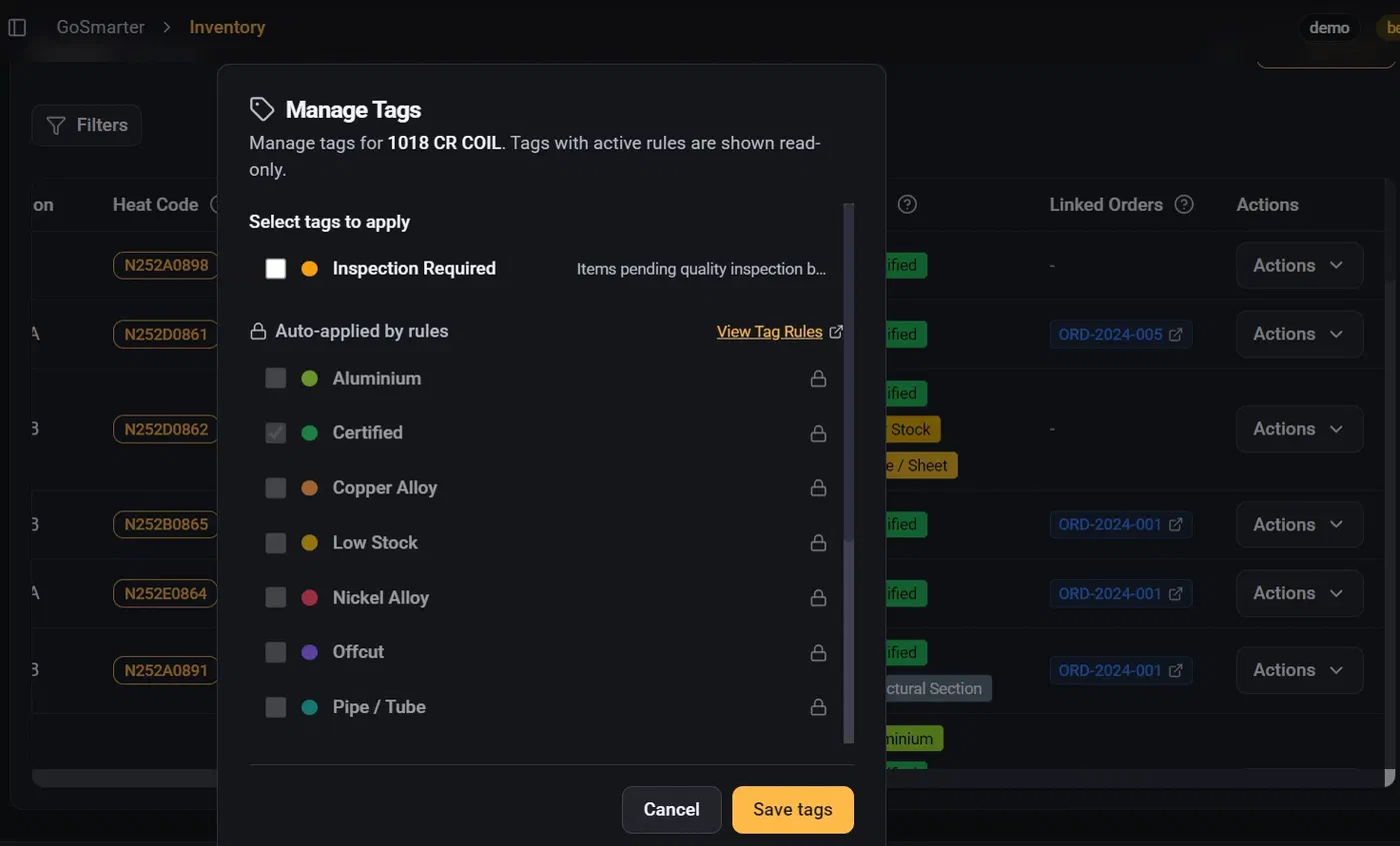 GoSmarter Metals Manager manage tags panel showing selectable tags and tags auto-applied by rule