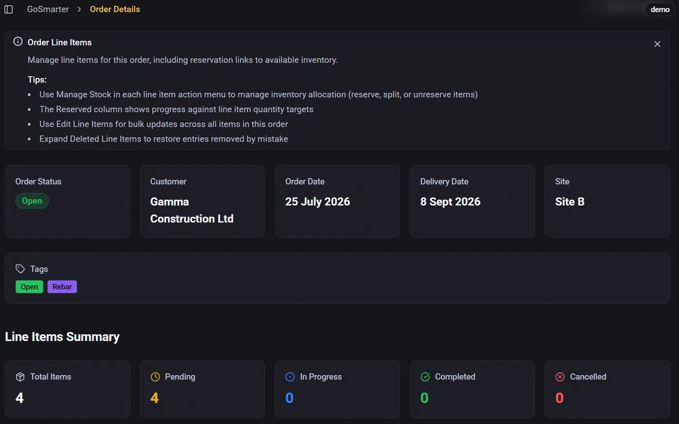GoSmarter Metals Manager order details page showing order status, customer, delivery date, and line items summary