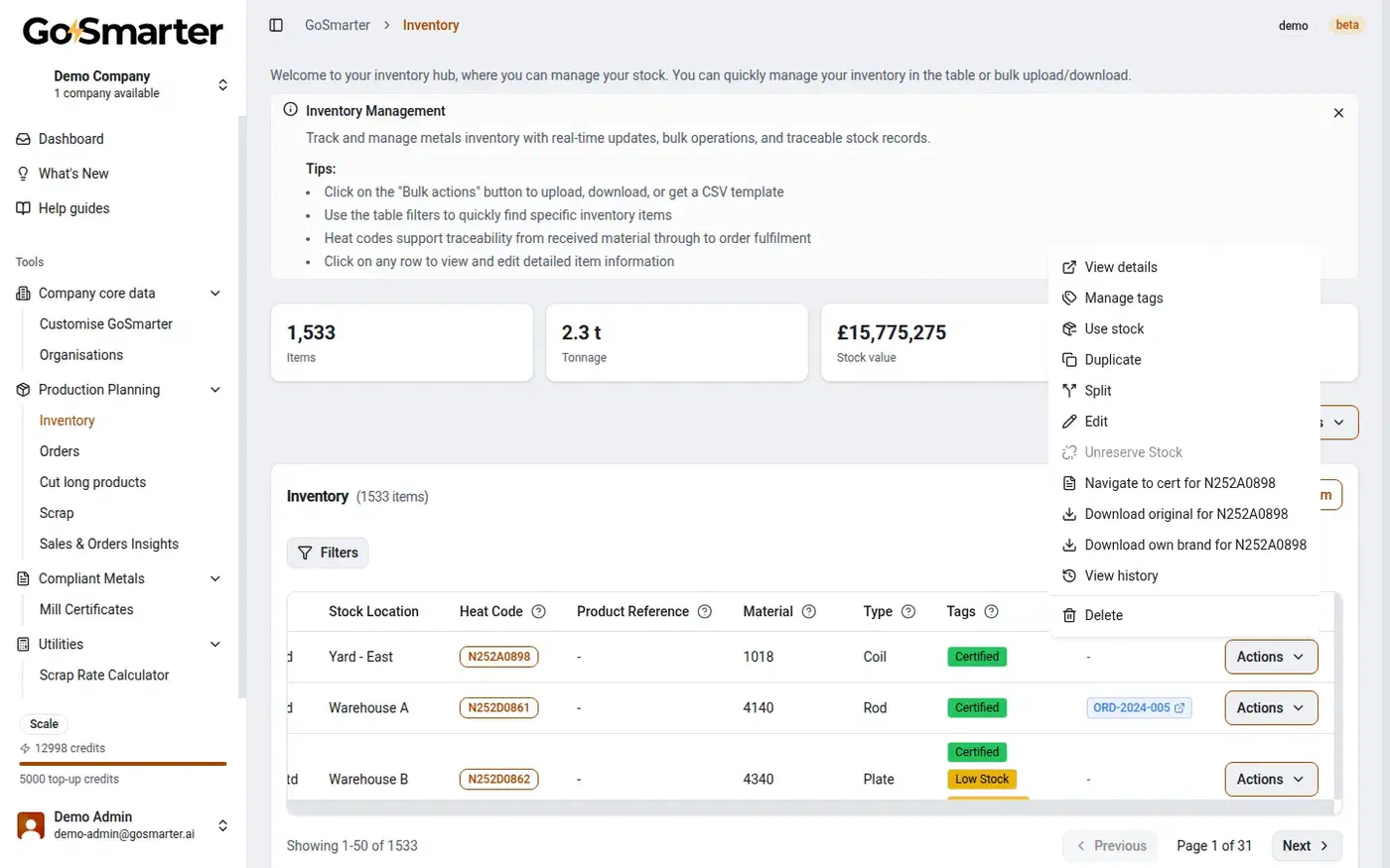 GoSmarter Metals Manager row actions menu showing use stock, edit, split, and view history options for an inventory item