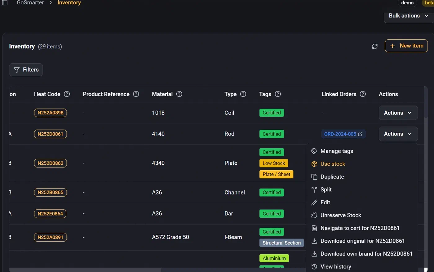 GoSmarter Metals Manager row actions menu showing use stock, edit, split, and view history options for an inventory item