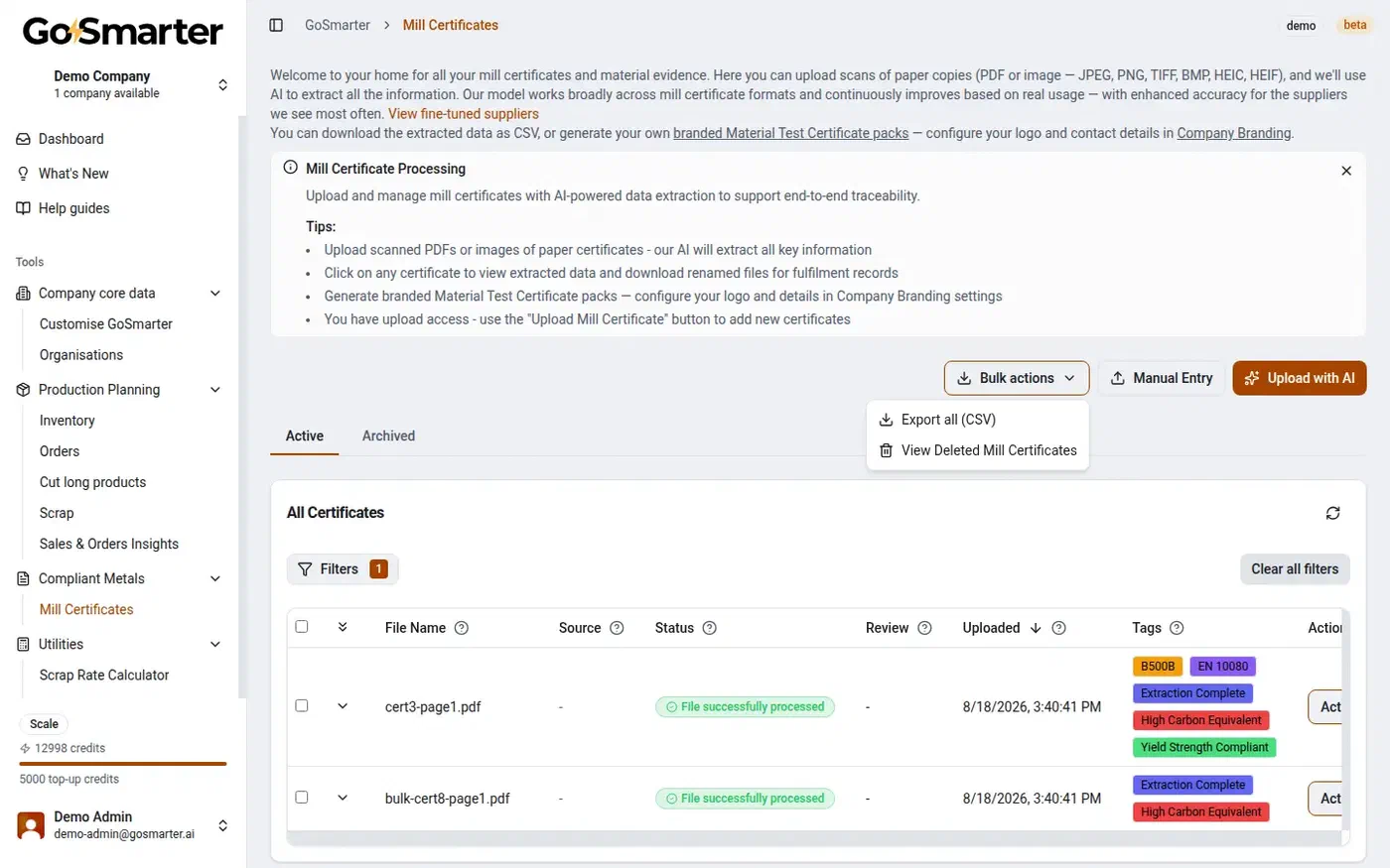 GoSmarter Mill Certificates bulk actions menu showing Export all (CSV) and View Deleted Mill Certificates options