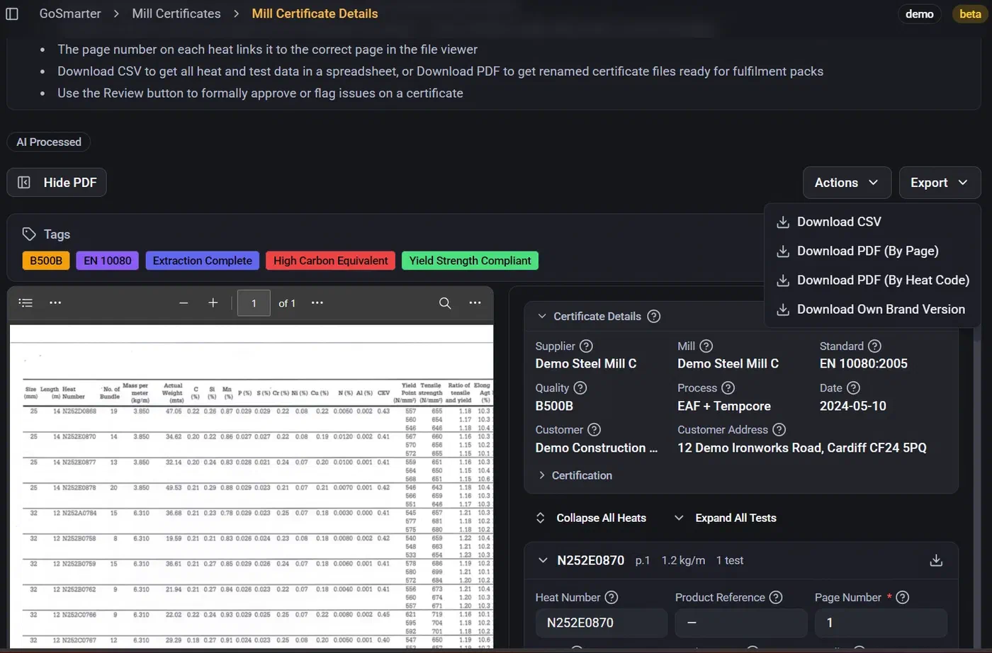 GoSmarter export options for mill certificate data, including CSV and renamed PDF downloads