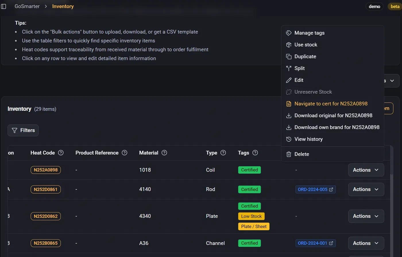 GoSmarter Inventory list with a "Navigate to cert" action linking a stock item to its certificate