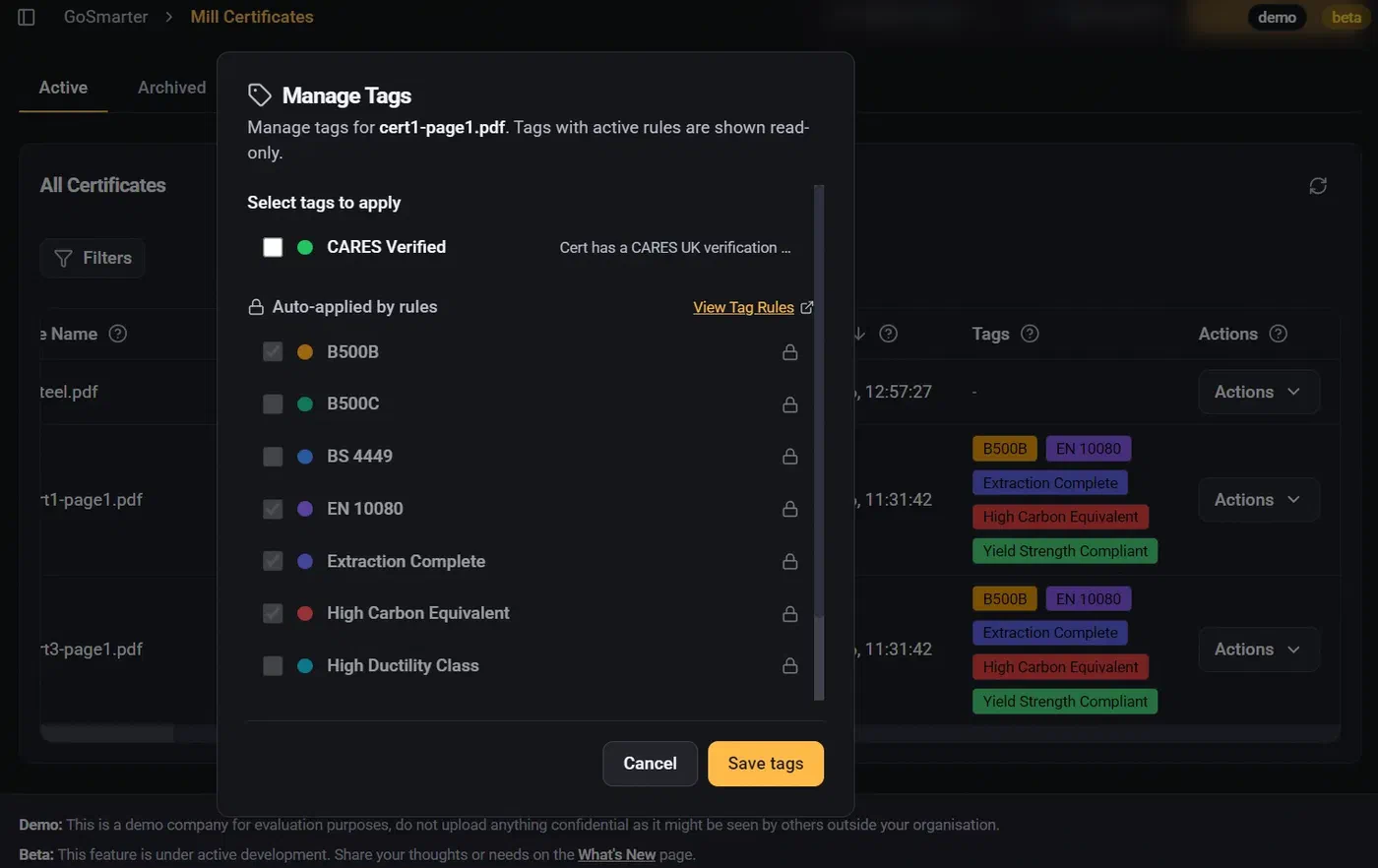 GoSmarter Manage Tags dialog showing manual and rule-based certificate tags