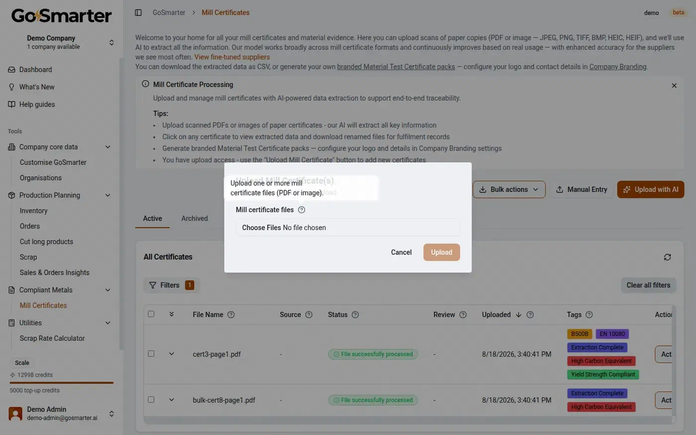 GoSmarter Upload Mill Certificate(s) dialog for scanned PDFs and images