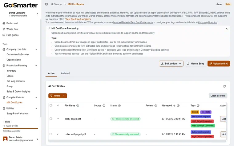 GoSmarter Mill Certificates list showing AI-processed certificates with status, tags, and upload options