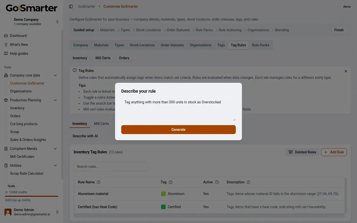 GoSmarter Describe Your Rule dialog with the example text "Tag anything with more than 500 units in stock as Overstocked"