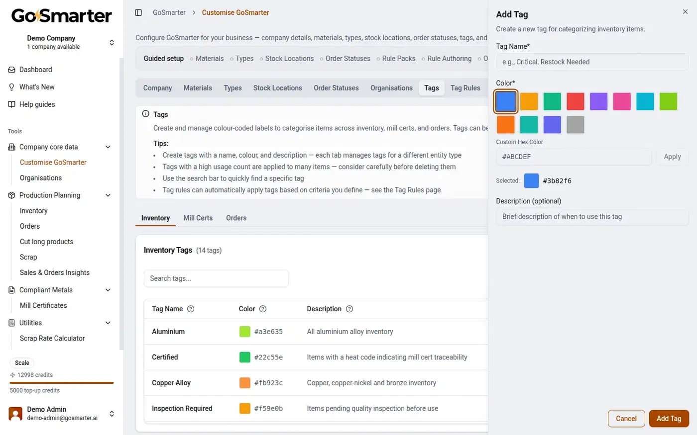 GoSmarter Add Tag dialog showing a colour picker, tag name field, and description field