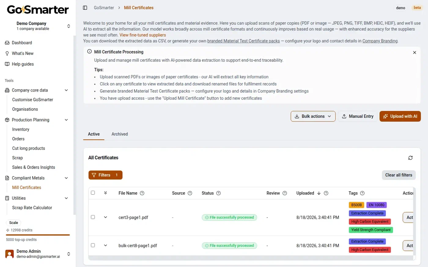 GoSmarter Mill Certificates list showing rule-applied tags like B500B, EN 10080, and Yield Strength Compliant across multiple certificates