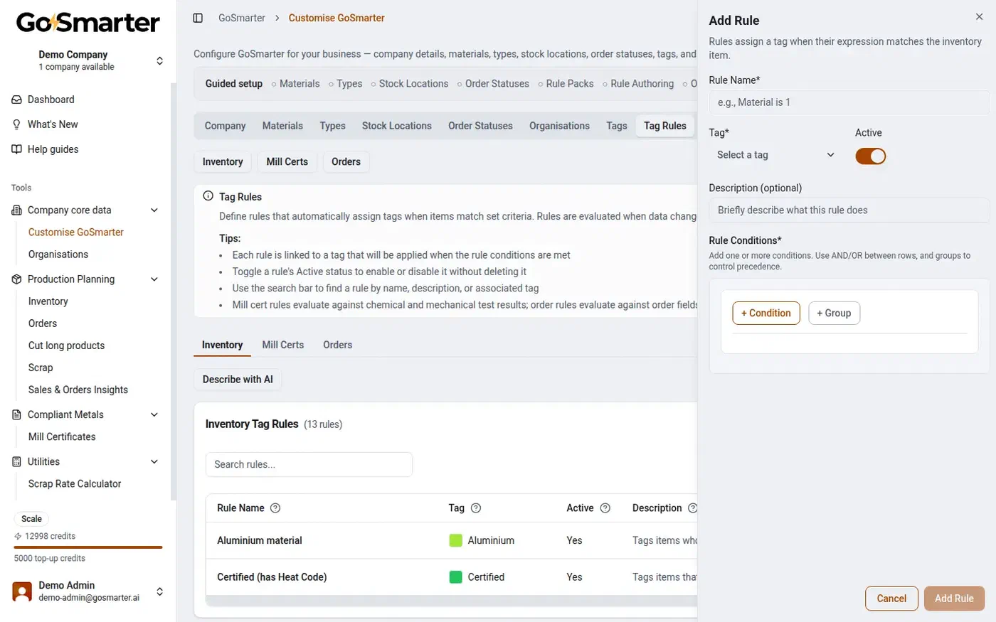 GoSmarter Add Rule dialog showing a rule name, tag selector, active toggle, and rule conditions builder