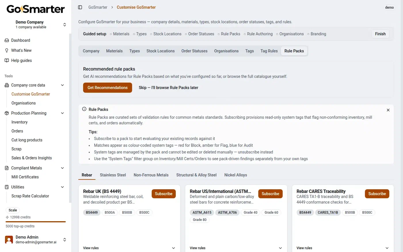 GoSmarter Rule Packs catalogue showing Rebar, Stainless Steel, Non-Ferrous Metals, Structural & Alloy Steel, and Nickel Alloys packs with Subscribe buttons