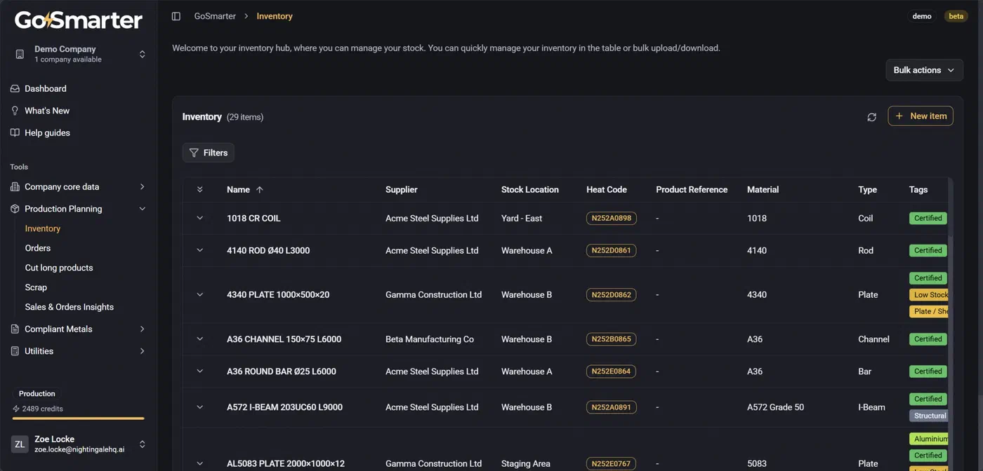 Inventory page showing inventory line items and controls