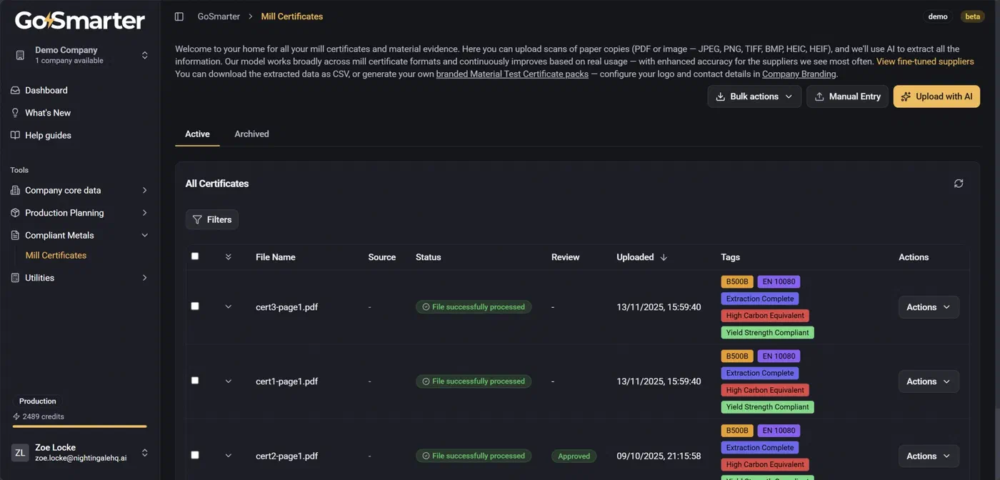 MillCert Reader with certificate PDFs turned into verified, searchable data