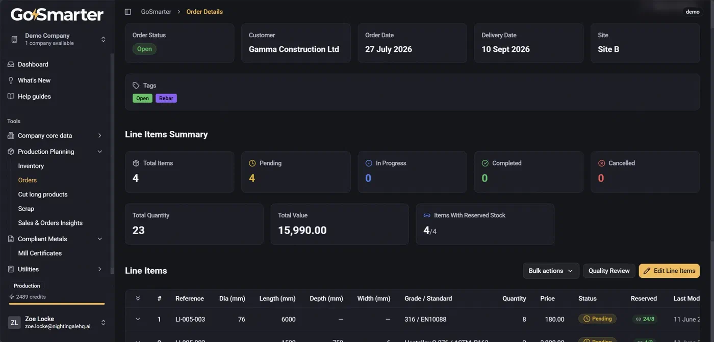 Order screen showing certified stock reserved against a customer order