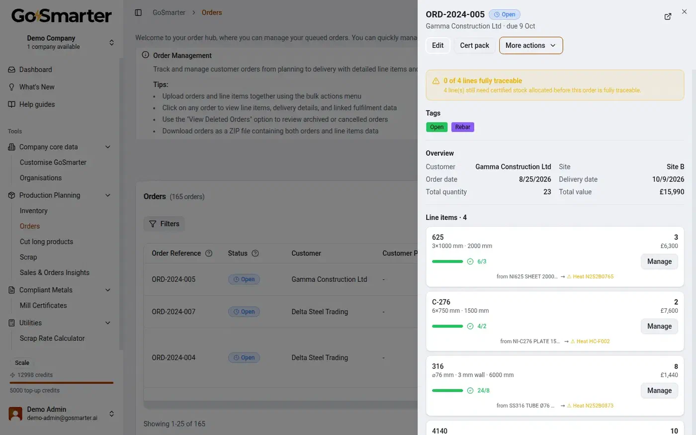 GoSmarter Order Details showing line items, reserved stock, and traceability status for a customer order