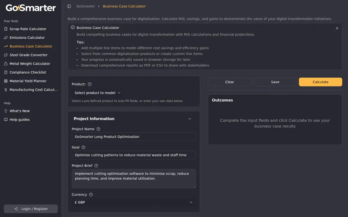 GoSmarter Business Case Calculator interface showing annual value calculation and payback period