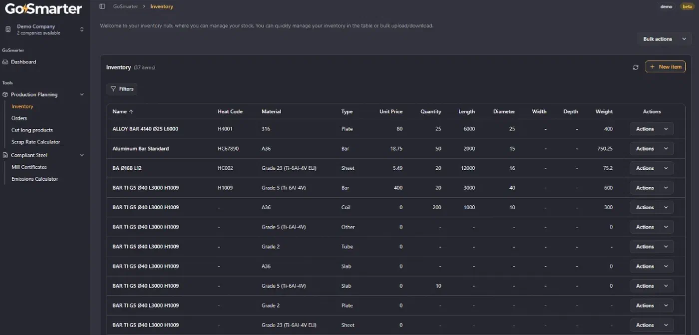 Metals Manager showing live stock linked to every certificate