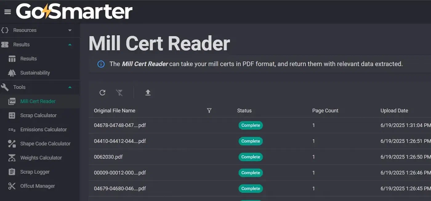 MillCert Reader with certificate PDFs turned into verified, searchable data