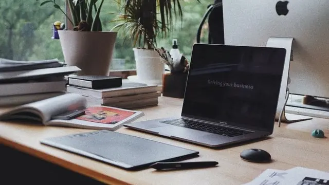 Laptop on a workstation. Beside it are books and plants.