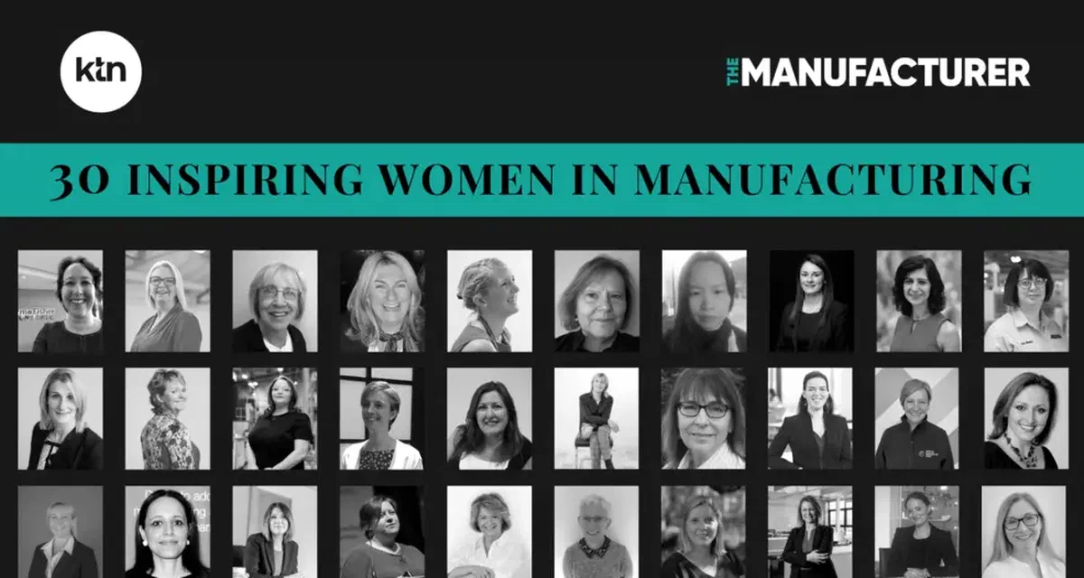 Banner for '30 Inspiring Women in Manufacturing' with a grid of headshot photos
