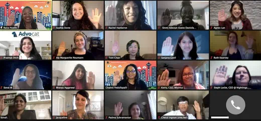 Video call screenshot showing a grid of participants, including Ruth Kearney and Steph Locke, waving.