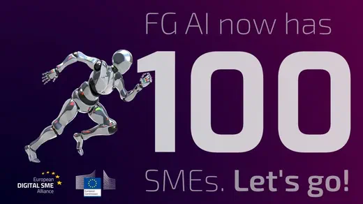 Graphic of a running robot with the text 'FG AI now has 100 SMEs, let's go!' and EU logos.