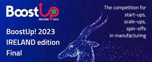 BoostUp! 2023 Ireland Edition Final banner with a stylised antelope graphic and competition details.