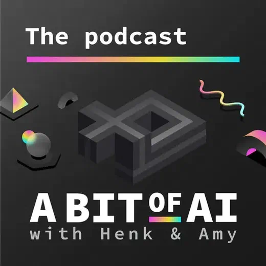 'A Bit of AI' podcast cover art with Henk & Amy, featuring abstract 3D geometric shapes.