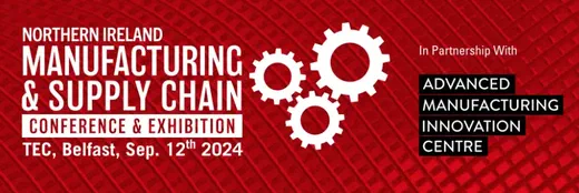 Northern Ireland Manufacturing & Supply Chain Conference and Exhibition banner with cog icons.