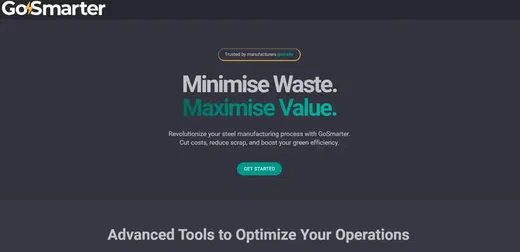 Screenshot of the GoSmarter.ai website homepage showing the tagline Minimise Waste, Maximise Value.