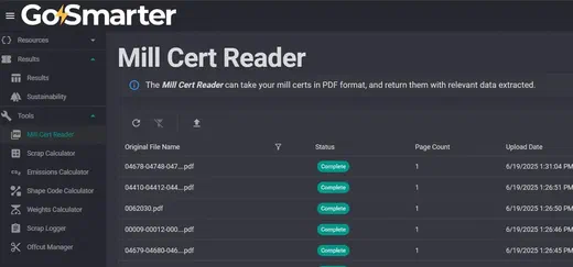Screenshot of the GoSmarter Mill Cert Reader tool showing a list of processed certificates.