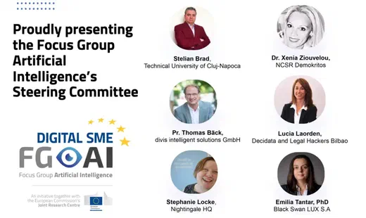 Slide introducing the six members of the Focus Group Artificial Intelligence's Steering Committee, including Stephanie Locke of Nightingale HQ