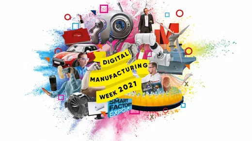 Colourful Digital Manufacturing Week 2021 collage with robotics, a car, and factory imagery