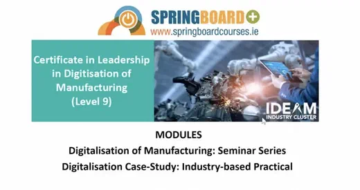 Springboard+ slide for the Certificate in Leadership in Digitisation of Manufacturing, with a factory robotics photo