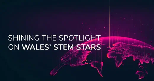 Dark banner reading "Shining the spotlight on Wales' STEM stars" over a glowing pink digital globe