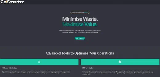 Screenshot of the GoSmarter.ai homepage with the headline "Minimise Waste. Maximise Value."