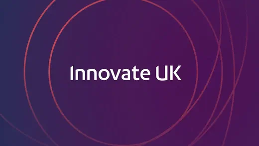 Innovate UK logo on a purple background with red circular line graphics
