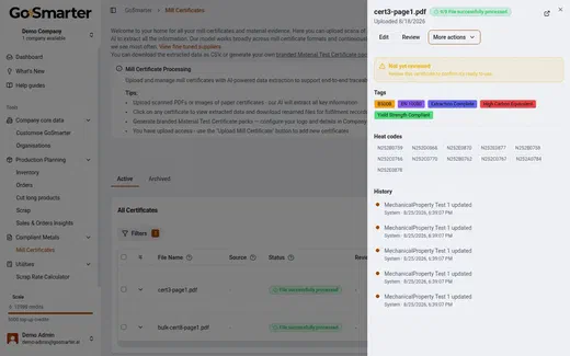 GoSmarter mill certificate detail view showing extracted tags, heat codes, and a full audit history