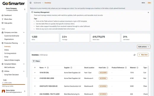 GoSmarter Inventory hub showing 1,533 items, 2.3 tonnes on hand, and 21% cert-linked stock
